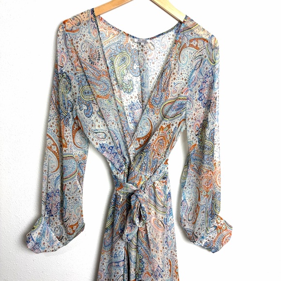 Paisley Maxi Dress blue cream sheer sz L flowy long sleeve whimsy feminine - Picture 5 of 13